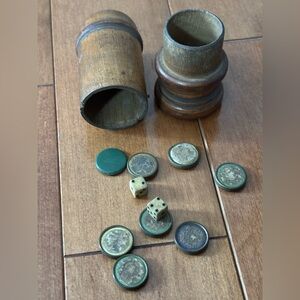 Vintage Wooden Dice Shaker Cup Game Set Chips Antique